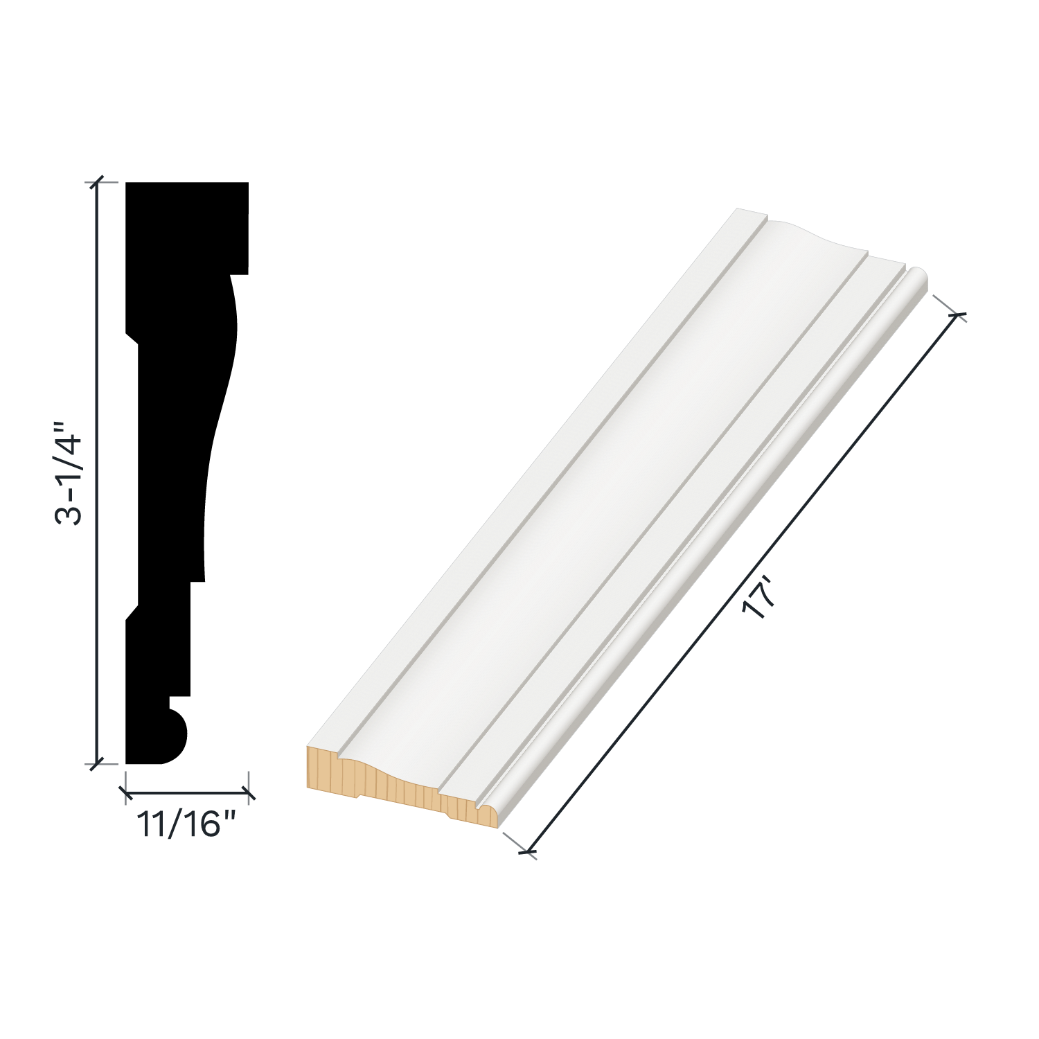 Primed Finger-Joint Pine Casing Moulding, WM445, 11/16" x 3-1/4" x 17'